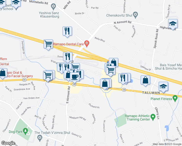 map of restaurants, bars, coffee shops, grocery stores, and more near 20 North DeBaun Avenue in Ramapo