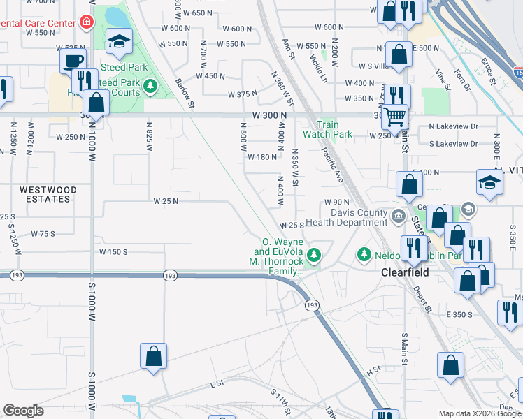 map of restaurants, bars, coffee shops, grocery stores, and more near 72 North 500 West in Clearfield