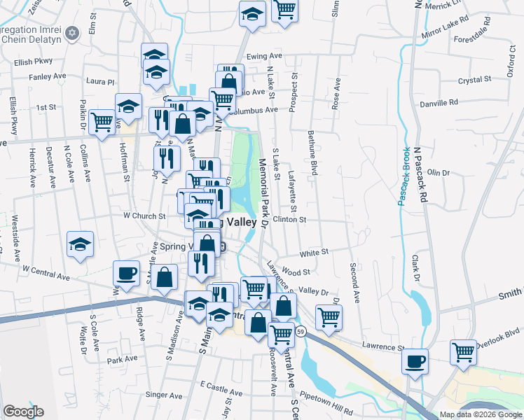 map of restaurants, bars, coffee shops, grocery stores, and more near 25 Memorial Park Drive in Spring Valley