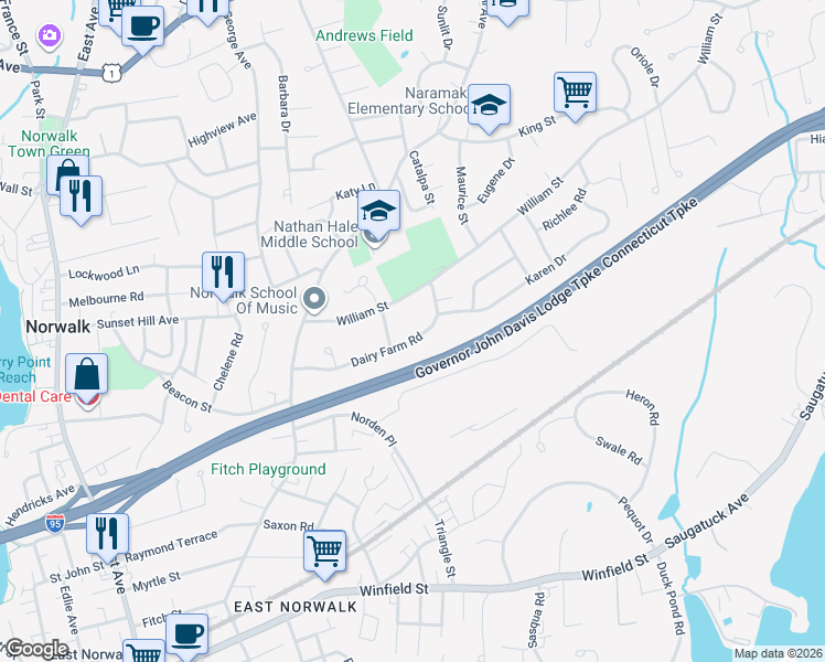 map of restaurants, bars, coffee shops, grocery stores, and more near 28 Dairy Farm Road in Norwalk
