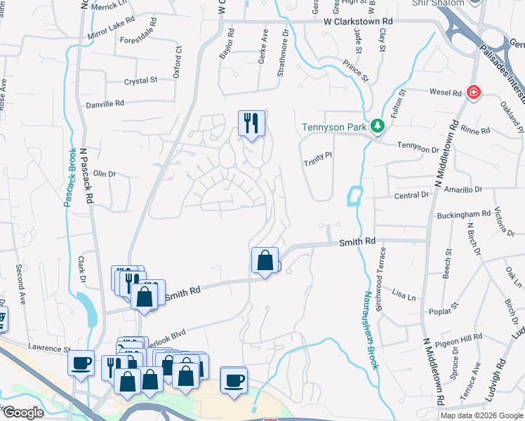 map of restaurants, bars, coffee shops, grocery stores, and more near 1 Kings Gate Parkway in Nanuet