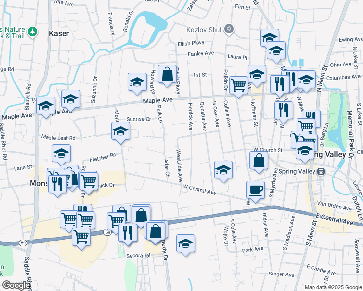 map of restaurants, bars, coffee shops, grocery stores, and more near 29 Westside Avenue in Spring Valley