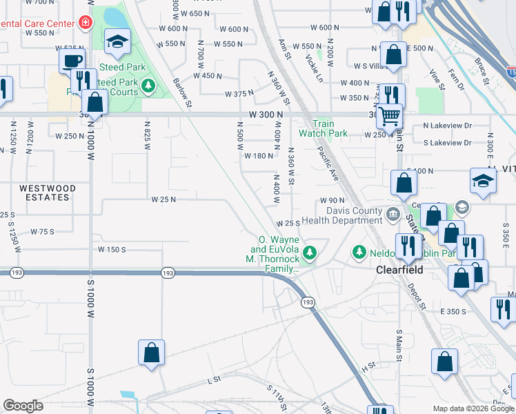 map of restaurants, bars, coffee shops, grocery stores, and more near 72 North 500 West in Clearfield