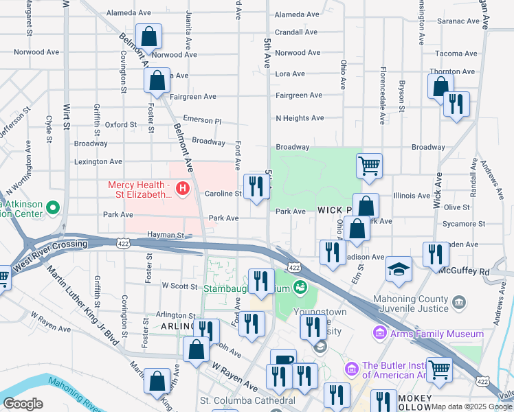 map of restaurants, bars, coffee shops, grocery stores, and more near 1000 5th Avenue in Youngstown