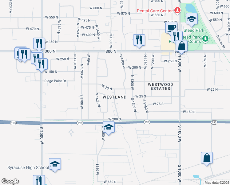 map of restaurants, bars, coffee shops, grocery stores, and more near 2 South 1450 West in Clearfield