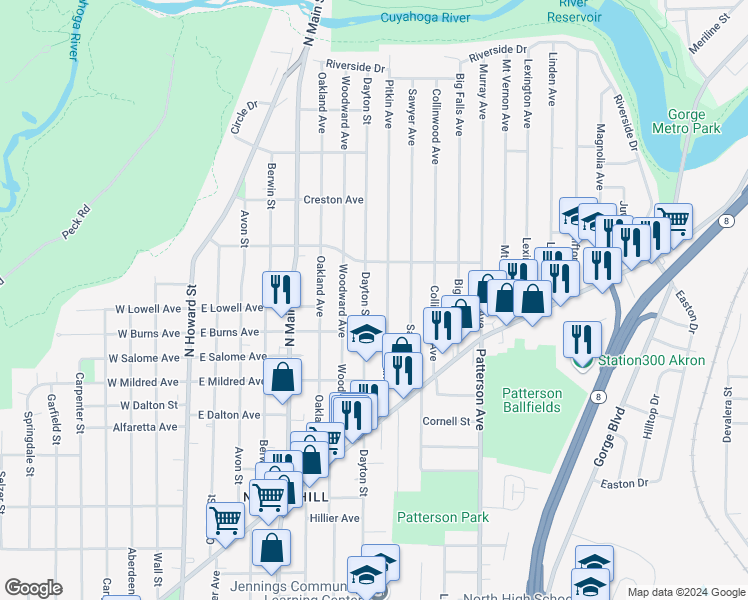map of restaurants, bars, coffee shops, grocery stores, and more near 1037 Dayton Street in Akron