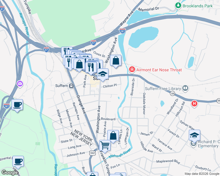 map of restaurants, bars, coffee shops, grocery stores, and more near 78 East Maple Avenue in Suffern