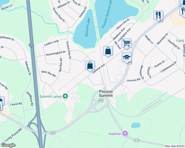 map of restaurants, bars, coffee shops, grocery stores, and more near 219 Summit Avenue in Pocono Summit