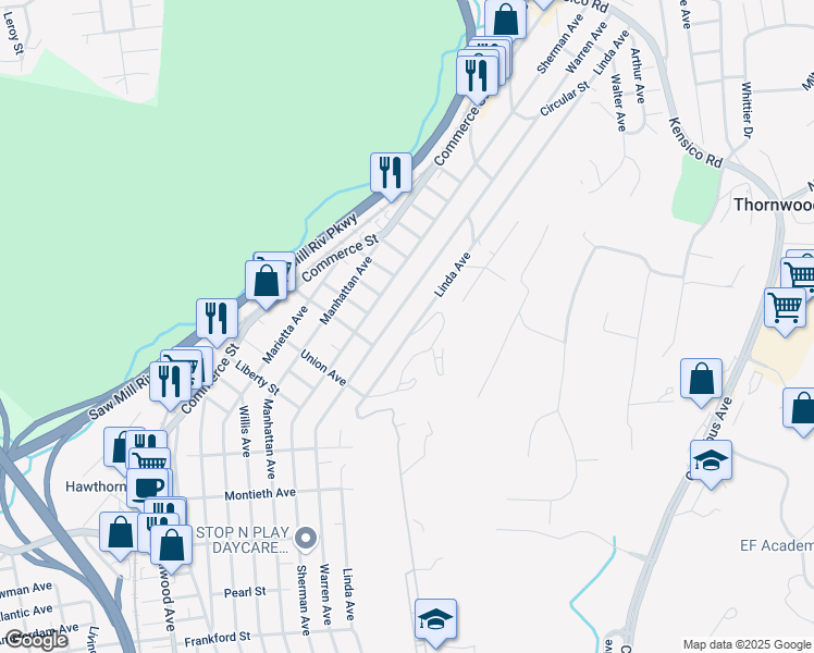 map of restaurants, bars, coffee shops, grocery stores, and more near 573 Linda Avenue in Thornwood