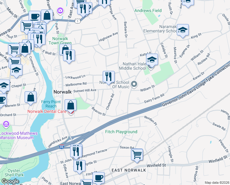 map of restaurants, bars, coffee shops, grocery stores, and more near 21 Chelene Road in Norwalk