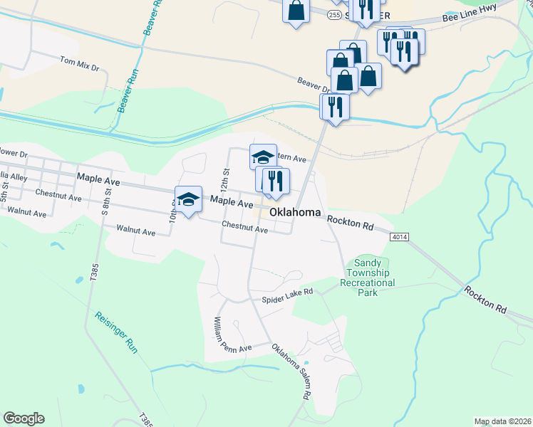 map of restaurants, bars, coffee shops, grocery stores, and more near 3218 Oklahoma Salem Road in DuBois