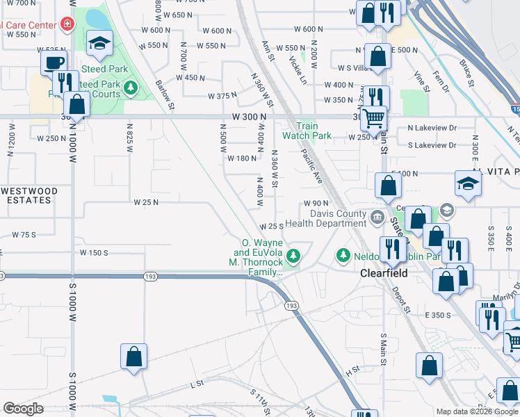 map of restaurants, bars, coffee shops, grocery stores, and more near 13 North 400 West in Clearfield