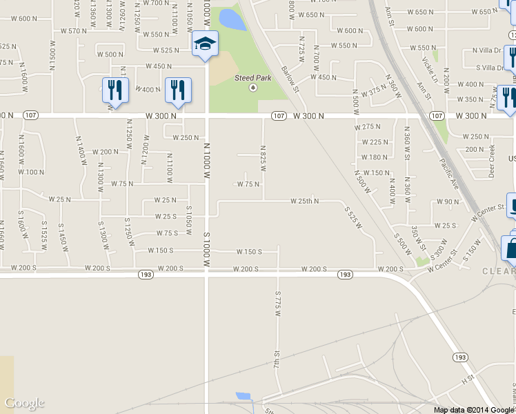 map of restaurants, bars, coffee shops, grocery stores, and more near 857 West 25 North in Clearfield