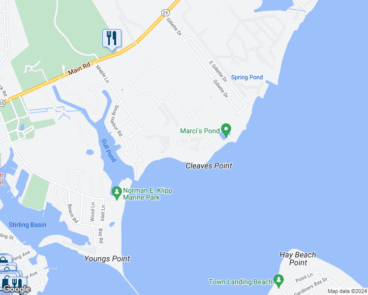 map of restaurants, bars, coffee shops, grocery stores, and more near 45 Cleaves Point Road in East Marion