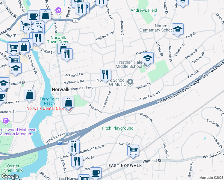map of restaurants, bars, coffee shops, grocery stores, and more near 21 Chelene Road in Norwalk