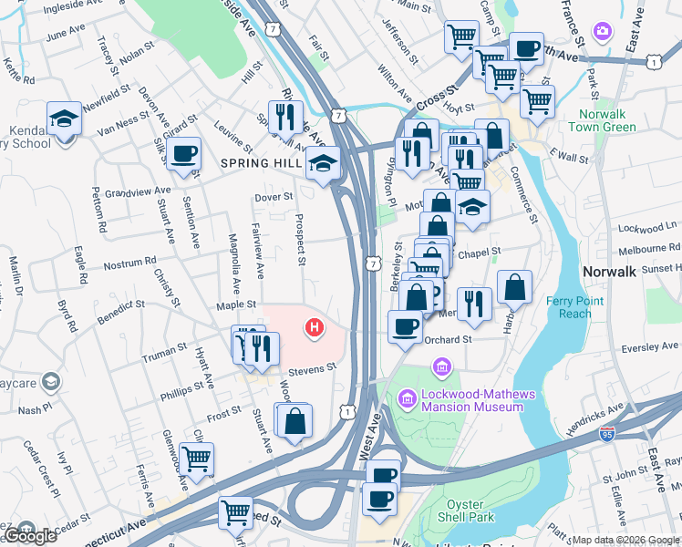 map of restaurants, bars, coffee shops, grocery stores, and more near 56G Clarmore Drive in Norwalk