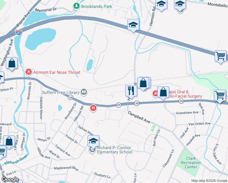 map of restaurants, bars, coffee shops, grocery stores, and more near 250 Lafayette Avenue in Suffern