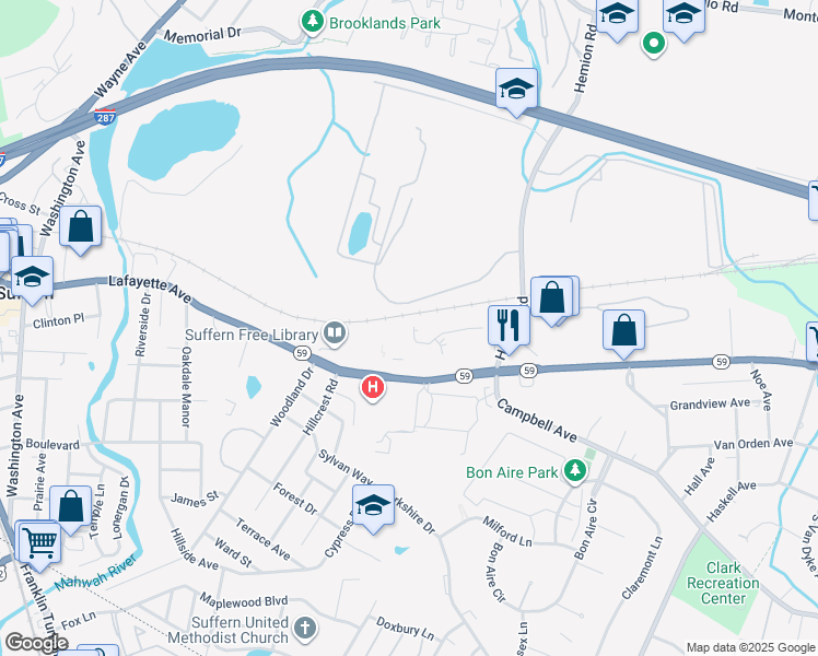 map of restaurants, bars, coffee shops, grocery stores, and more near 250 Lafayette Avenue in Suffern