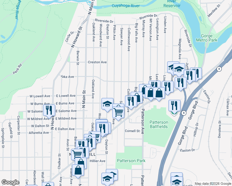 map of restaurants, bars, coffee shops, grocery stores, and more near 1030 Sawyer Avenue in Akron