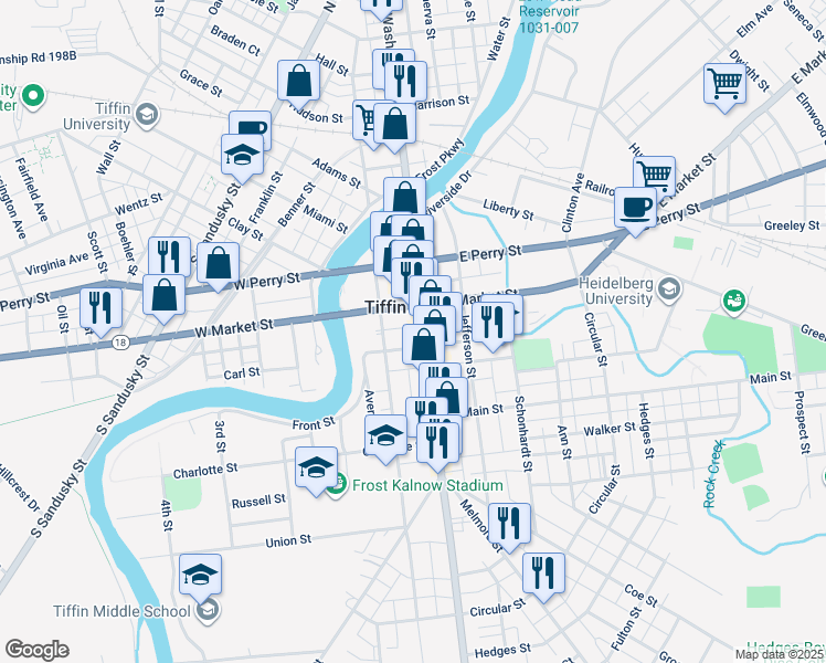 map of restaurants, bars, coffee shops, grocery stores, and more near 144 South Washington Street in Tiffin