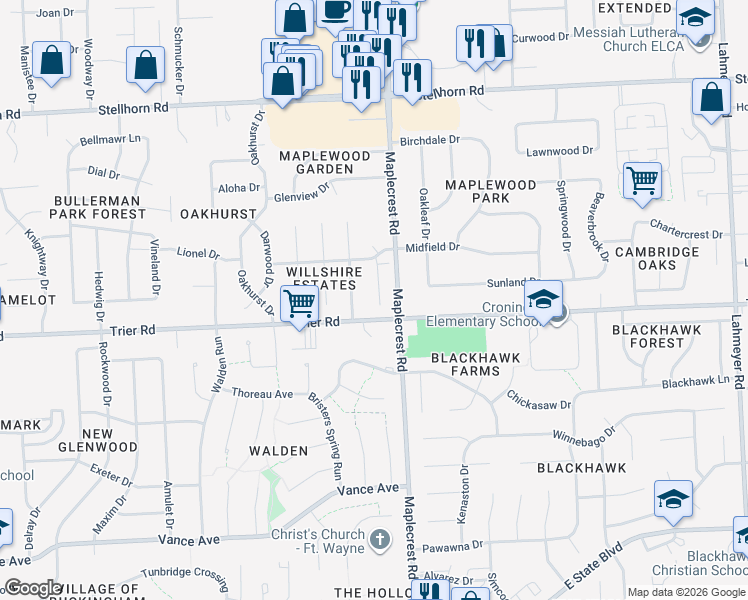 map of restaurants, bars, coffee shops, grocery stores, and more near 3811 Yardley Ct in Fort Wayne