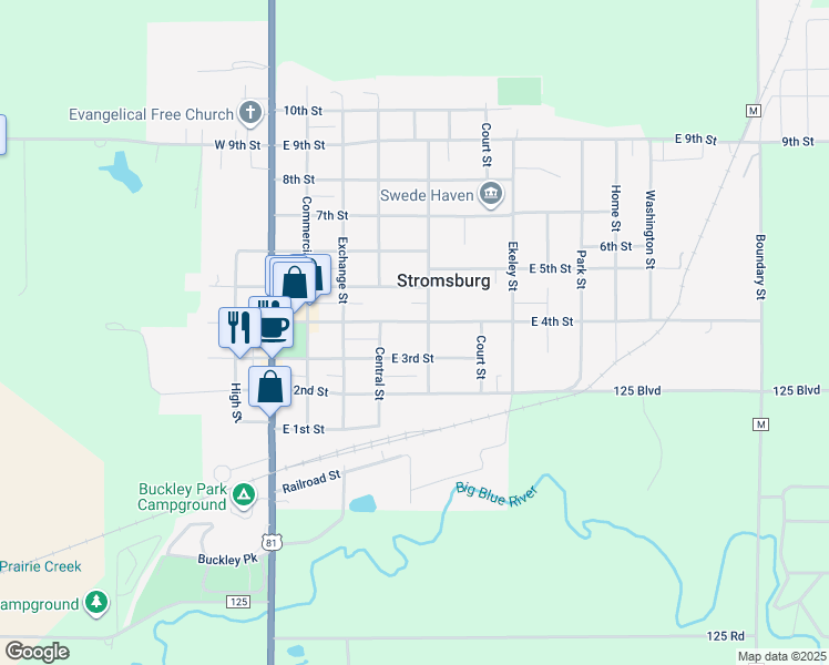 map of restaurants, bars, coffee shops, grocery stores, and more near 412 East 4th Street in Stromsburg