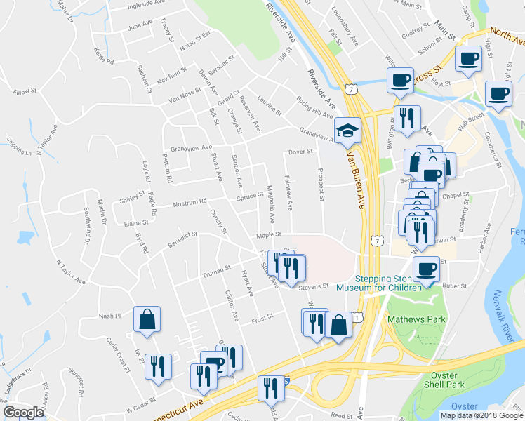 map of restaurants, bars, coffee shops, grocery stores, and more near 20 Highwood Avenue in Norwalk