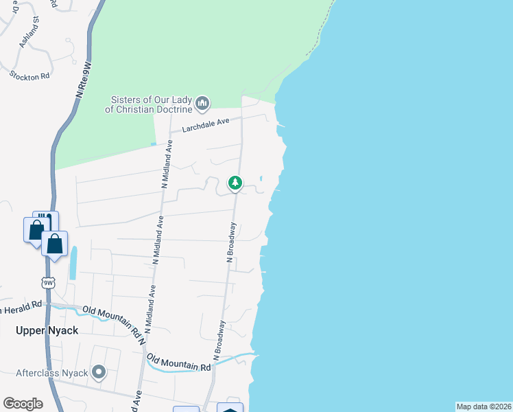 map of restaurants, bars, coffee shops, grocery stores, and more near 615A North Broadway in Nyack