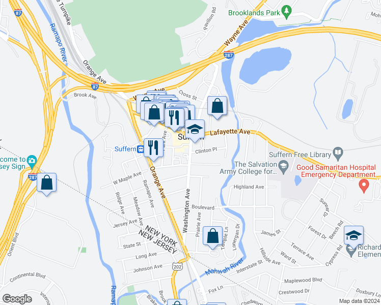 map of restaurants, bars, coffee shops, grocery stores, and more near 2 Clinton Place in Suffern