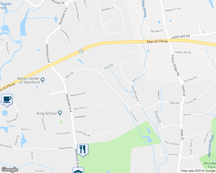 map of restaurants, bars, coffee shops, grocery stores, and more near 173 Eden Road in Stamford