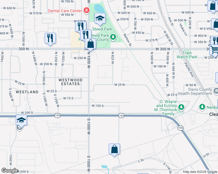 map of restaurants, bars, coffee shops, grocery stores, and more near 857 West 25 North in Clearfield