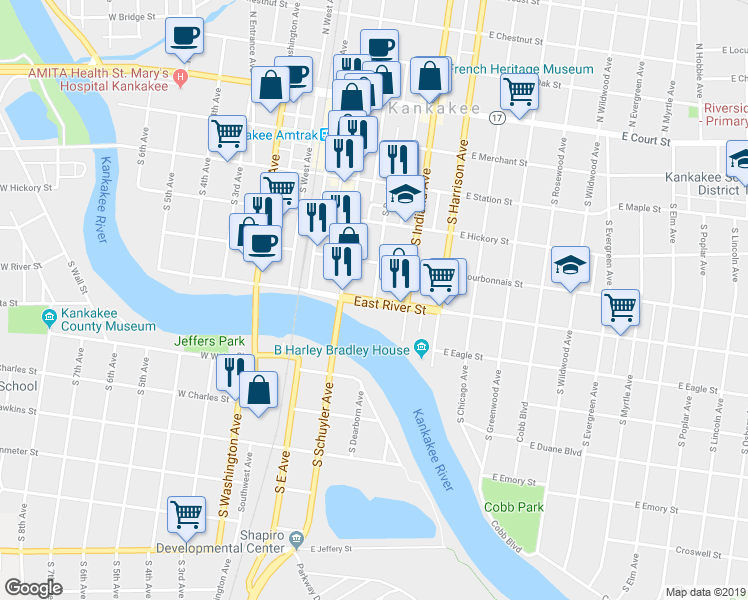 map of restaurants, bars, coffee shops, grocery stores, and more near 301 East River Street in Kankakee