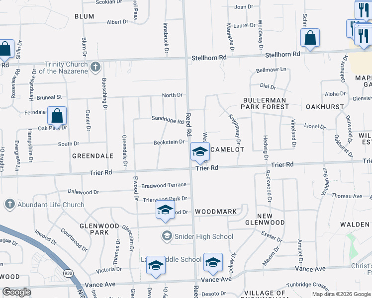 map of restaurants, bars, coffee shops, grocery stores, and more near 4712 Beckstein Drive in Fort Wayne