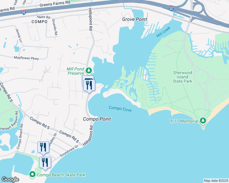 map of restaurants, bars, coffee shops, grocery stores, and more near 54 Compo Mill Cove in Westport