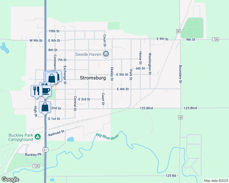 map of restaurants, bars, coffee shops, grocery stores, and more near 301 Ekeley Street in Stromsburg