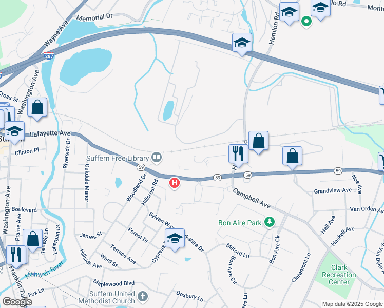 map of restaurants, bars, coffee shops, grocery stores, and more near 250 Lafayette Avenue in Suffern