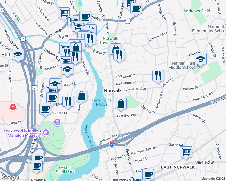 map of restaurants, bars, coffee shops, grocery stores, and more near in Norwalk