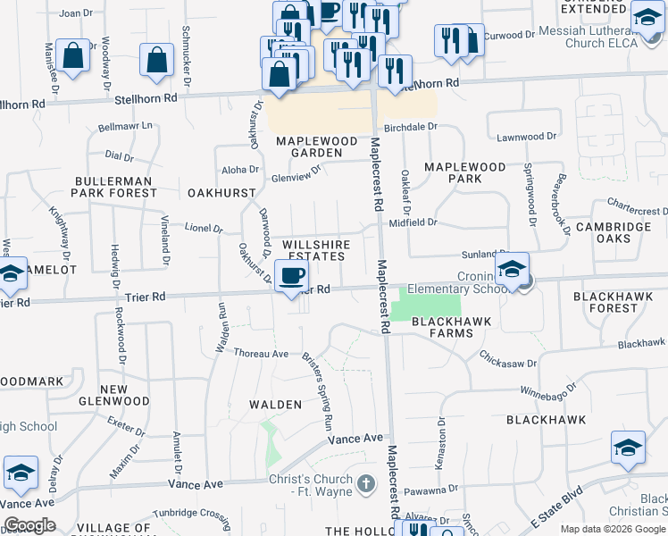 map of restaurants, bars, coffee shops, grocery stores, and more near 3803 Willshire Estates Drive in Fort Wayne