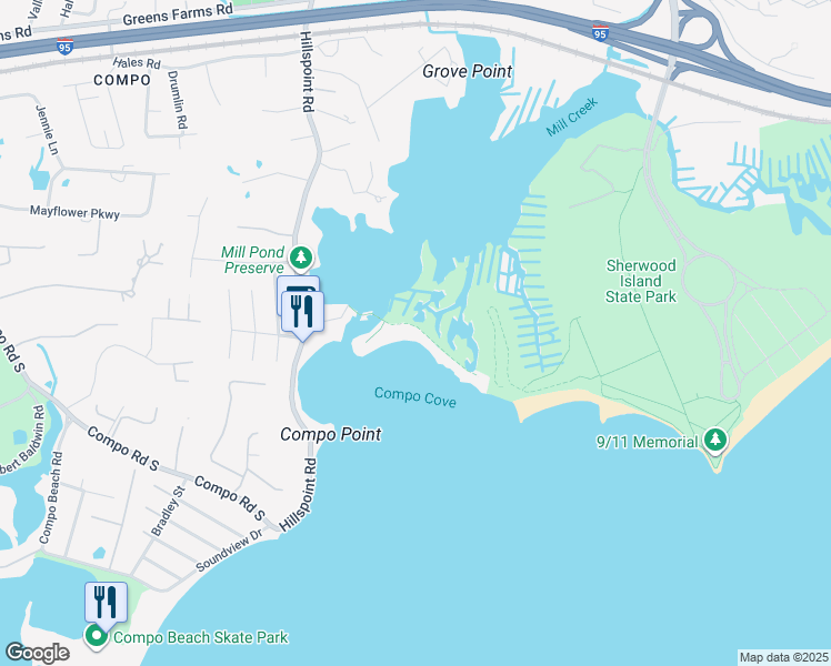 map of restaurants, bars, coffee shops, grocery stores, and more near 54 Compo Mill Cove in Westport