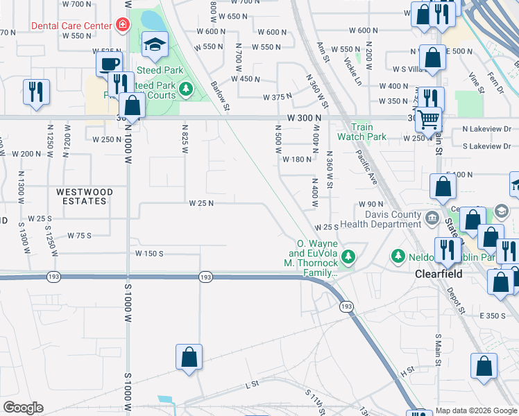 map of restaurants, bars, coffee shops, grocery stores, and more near 589 West 25 North in Clearfield