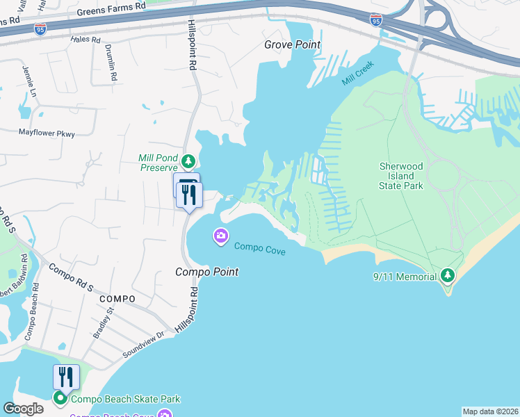 map of restaurants, bars, coffee shops, grocery stores, and more near 54 Compo Mill Cove in Westport
