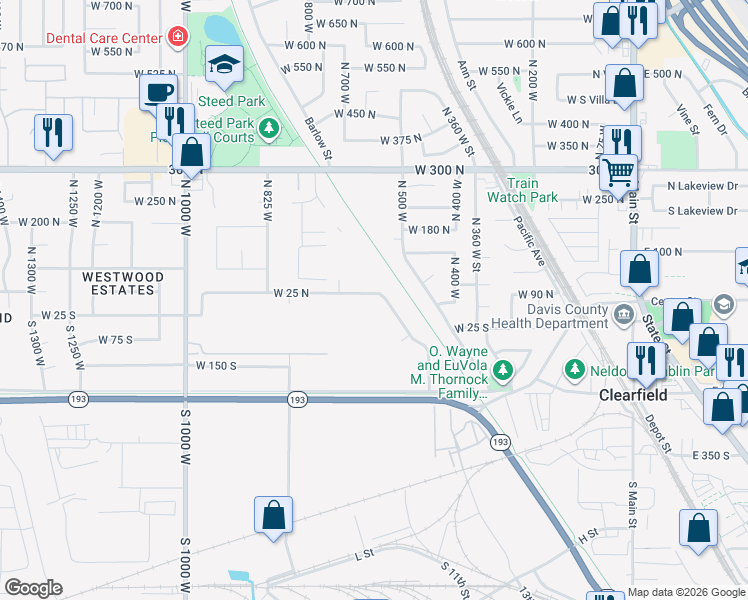 map of restaurants, bars, coffee shops, grocery stores, and more near 589 West 25 North in Clearfield