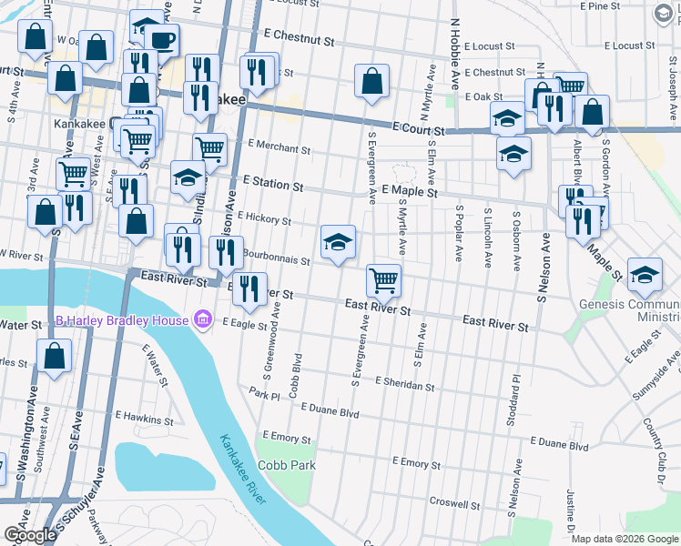 map of restaurants, bars, coffee shops, grocery stores, and more near 520 South Wildwood Avenue in Kankakee