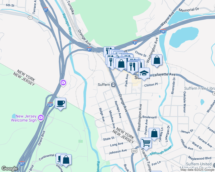 map of restaurants, bars, coffee shops, grocery stores, and more near 15 West Park Place in Suffern