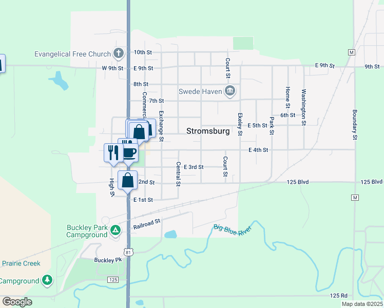 map of restaurants, bars, coffee shops, grocery stores, and more near 412 East 4th Street in Stromsburg