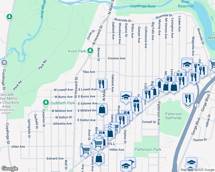 map of restaurants, bars, coffee shops, grocery stores, and more near 126 East Lowell Avenue in Akron
