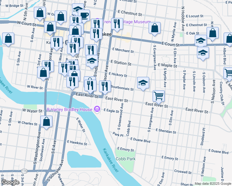 map of restaurants, bars, coffee shops, grocery stores, and more near 574 South Chicago Avenue in Kankakee