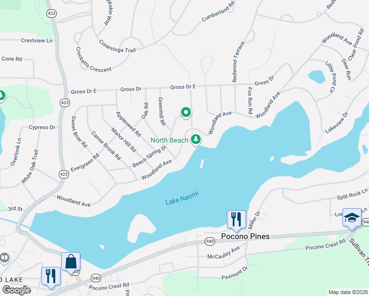 map of restaurants, bars, coffee shops, grocery stores, and more near 5326 Woodland Ave in Pocono Pines