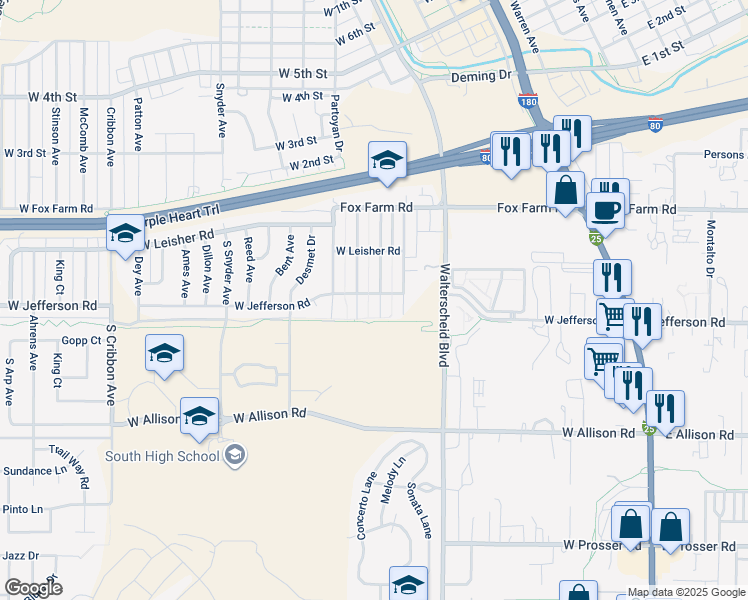 map of restaurants, bars, coffee shops, grocery stores, and more near 314 Kay Avenue in Cheyenne