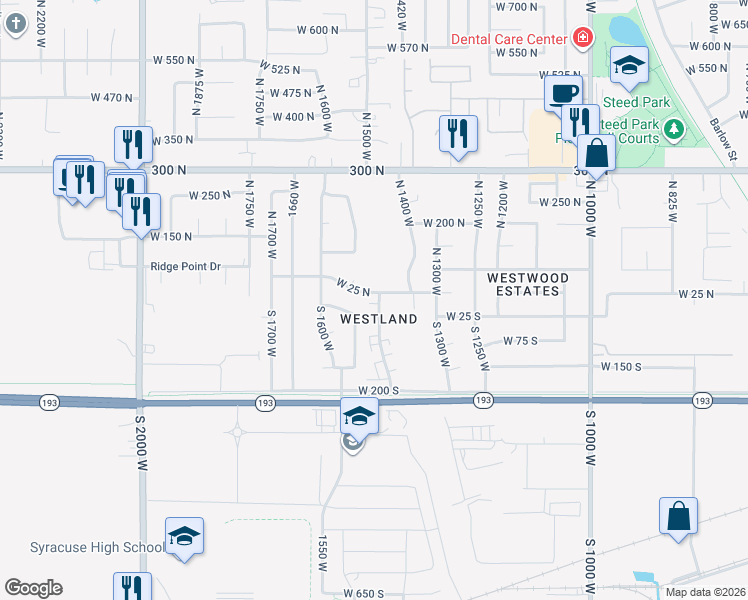 map of restaurants, bars, coffee shops, grocery stores, and more near 17 South 1450 West in Clearfield